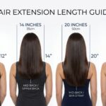 Flat lay of four 20 inch hair extension types including clip-in wefts, tape-in extensions, halo wire extension and sewn-in weft on marble background