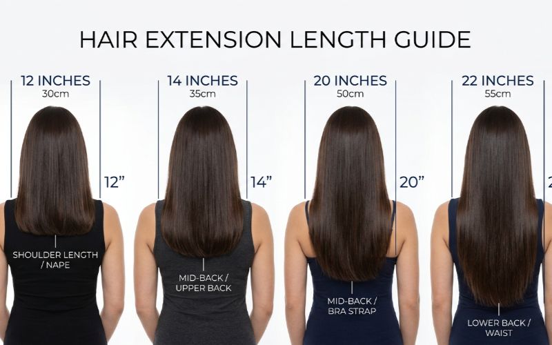 Flat lay of four 20 inch hair extension types including clip-in wefts, tape-in extensions, halo wire extension and sewn-in weft on marble background
