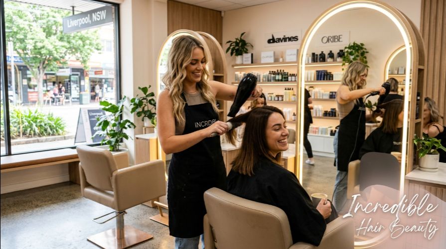 Professional hair styling near me service at Incredible Hair Beauty in Liverpool, creating soft curls with a curling iron.