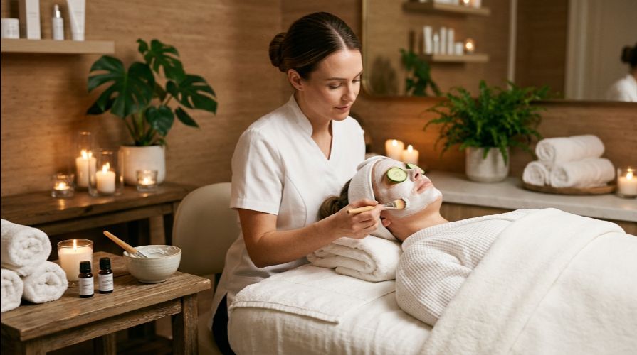 Relaxing beauty treatment facial at Incredible Hair Beauty's beauty parlour salon in Liverpool NSW, with a therapist applying a mask.