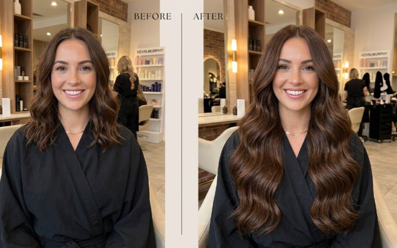 Side-by-side comparison of 12 inch, 14 inch, 20 inch and 22 inch hair extensions showing where each length falls on an average height woman