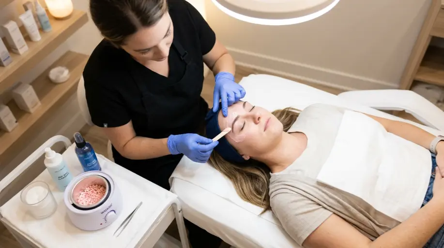 A precise eyebrow waxing service being carefully completed on a female client to frame her facial features perfectly.