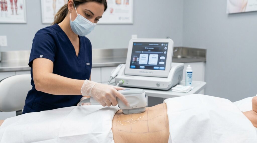 Advanced HIFU body sculpting and localized fat reduction treatment being applied to a client's abdomen for skin tightening and contouring.