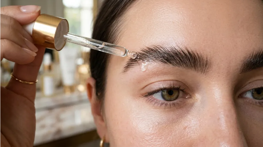 Applying a premium peptide infused brow serum for growth and density