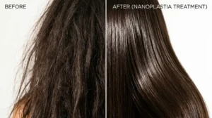 Before and after Nanoplastia treatment Sydney smooth frizz-free hair result