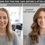 Before and after clip in extensions for thin fine hair showing full volume at Liverpool salon