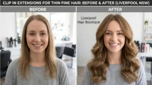 Before and after clip in extensions for thin fine hair showing full volume at Liverpool salon