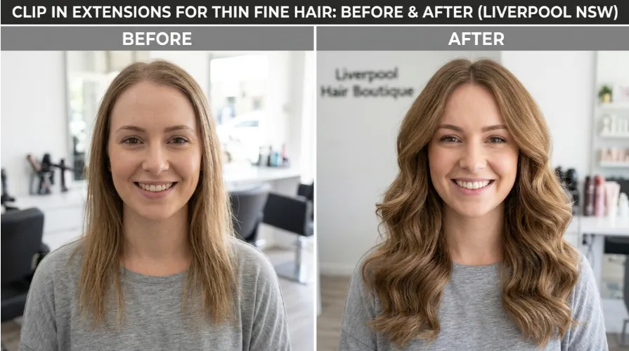 Before and after clip in extensions for thin fine hair showing full volume at Liverpool salon