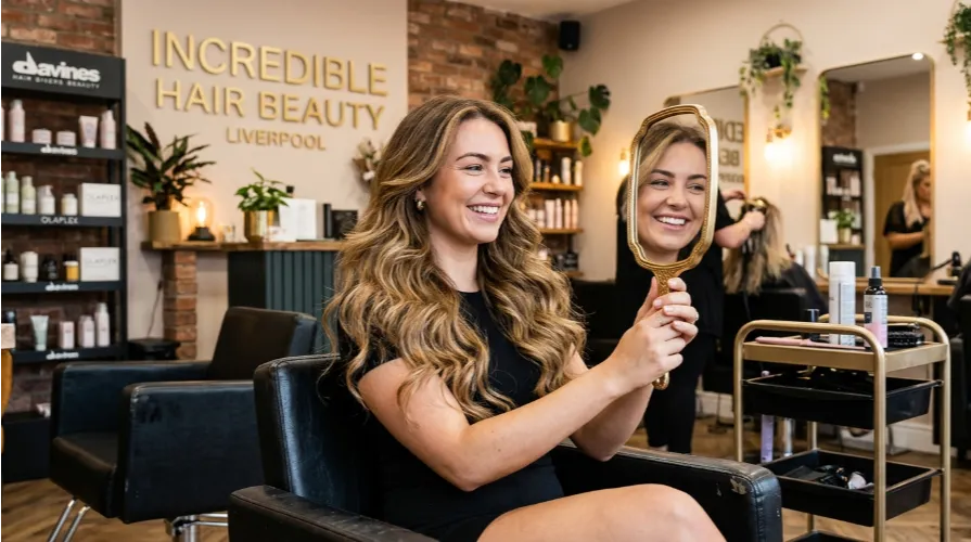 Client smiling after clip in hair extensions transformation at Incredible Hair Beauty Liverpool salon