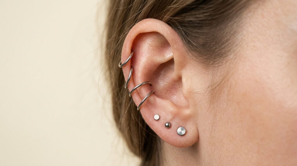 Close up of helix cartilage and lobe piercing with titanium jewellery at a professional beauty parlour salon
