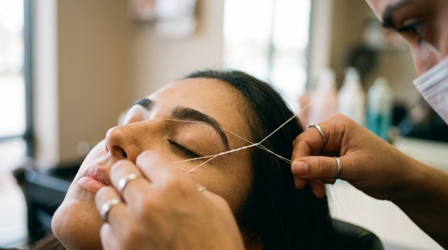 Close up of twisted thread being used to shape eyebrows with a calm client expression during the threading process. (1)