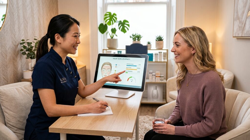 Dermal clinician conducting a professional skin analysis consultation with a client inside the Incredible Hair & Beauty clinic in Liverpool, NSW.