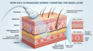 Educational 3D skin tissue diagram illustrating how high intensity focused ultrasound waves bypass the surface to target the deep SMAS layer for skin tightening.