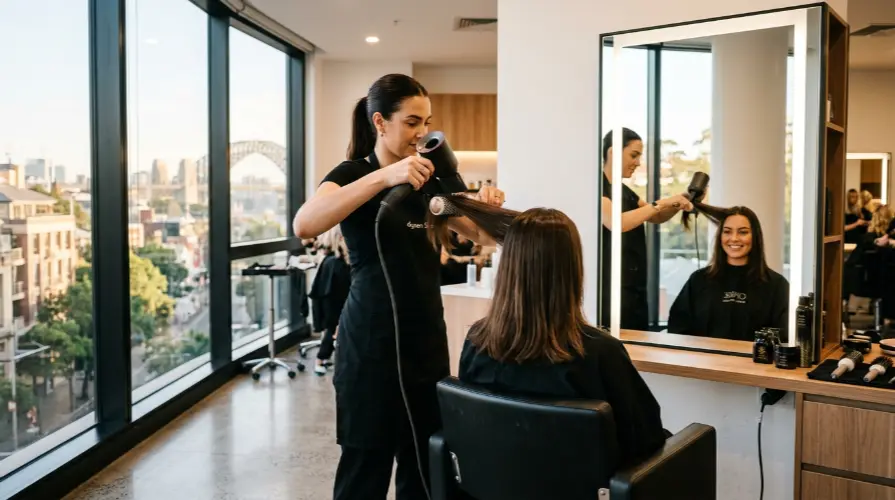 Hair stylist near me Sydney performing blowout service at Incredible Hair and Beauty