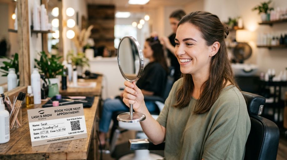 Happy client admiring her freshly threaded eyebrows in a mirror while holding a salon booking card at Incredible Hair & Beauty in Liverpool. (1)