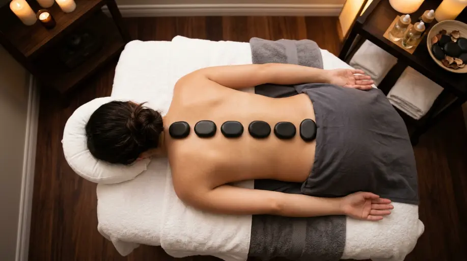 Heated volcanic black rocks placed neatly down a client's spine during a luxury hot stone massage treatment for deep muscle relaxation.