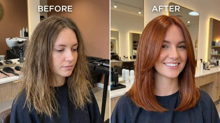 client receiving a beard trim and haircut at a unisex salon with stylist using scissors and comb in a clean professional environment