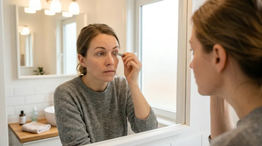 Professional esthetician executing a precise eyebrow threading frequency service