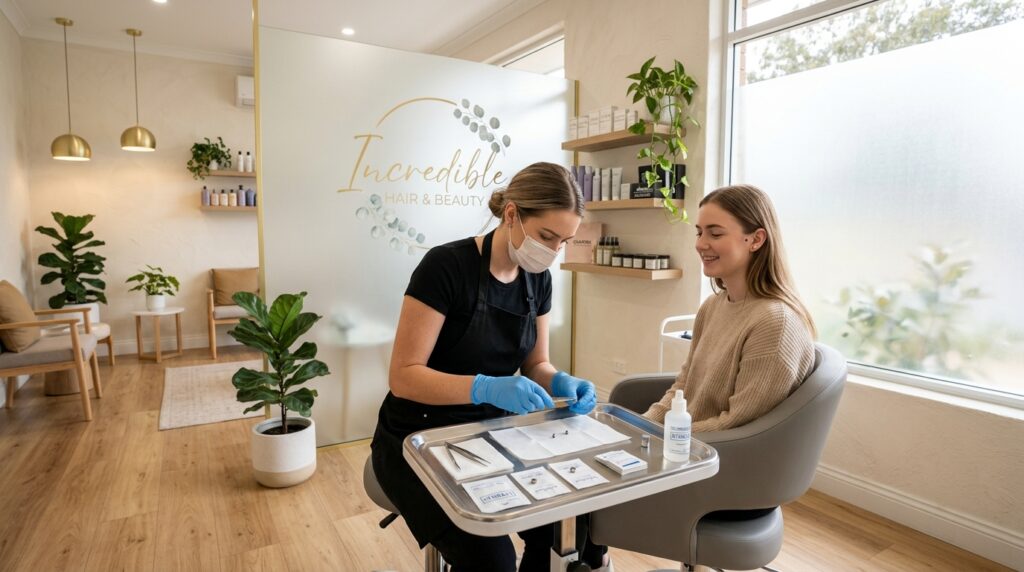 Professional piercer preparing sterile titanium jewellery at Incredible Hair and Beauty beauty parlour salon in Liverpool Sydney