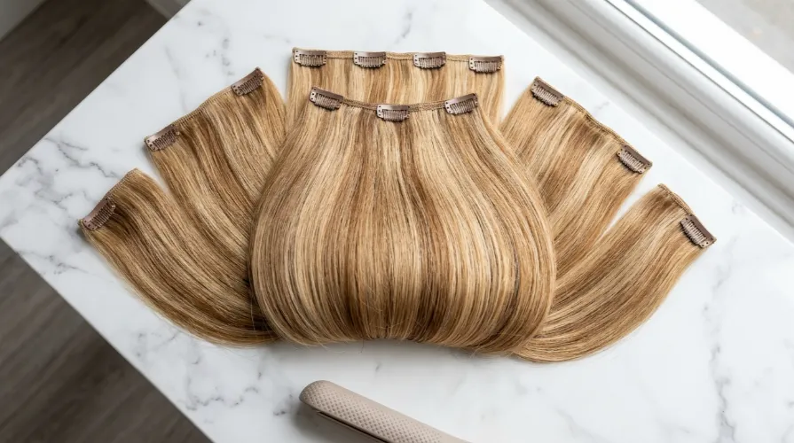 Remy clip-in hair extension wefts fanned out at Incredible Hair Beauty Liverpool