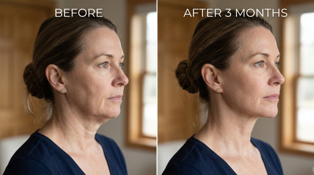 Side-by-side comparison of a client's neck and jawline contouring results before and three months after receiving a premium HIFU treatment.