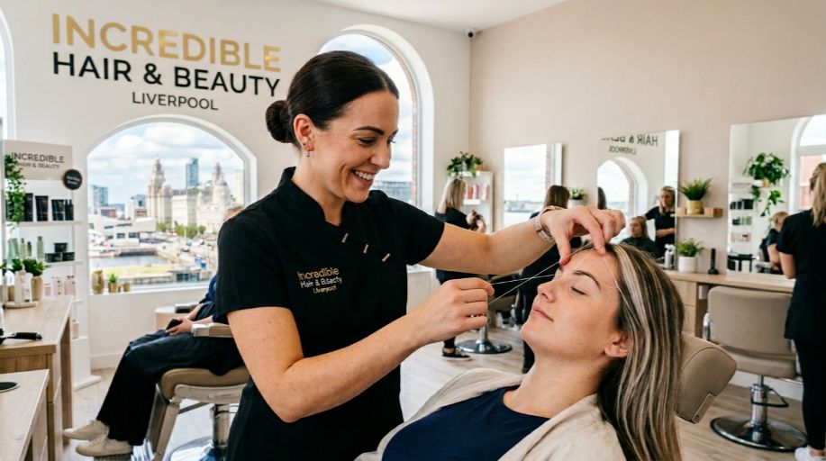 Smiling therapist at Incredible Hair & Beauty performing professional eyebrow threading on a client in a bright clean salon in Liverpool. (1)