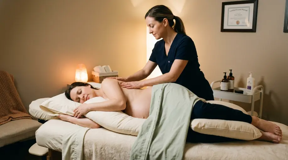 Specialized pregnancy massage near me being safely administered to an expectant mother supported by comfortable wellness cushions.