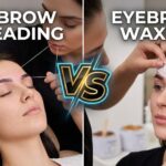 Split image comparing a woman receiving eyebrow threading on one side and eyebrow waxing on the other side with a VS graphic in the centre. (1)