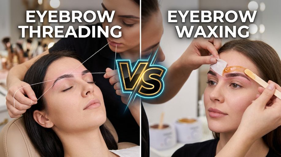 Split image comparing a woman receiving eyebrow threading on one side and eyebrow waxing on the other side with a VS graphic in the centre. (1)