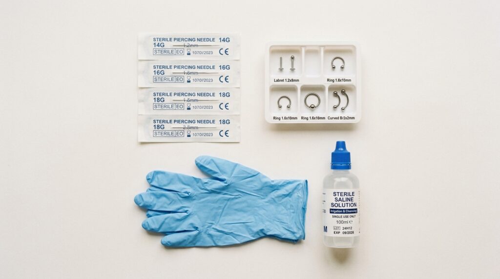 Sterile piercing equipment including titanium jewellery sealed needles and saline solution arranged at a professional beauty parlour salon