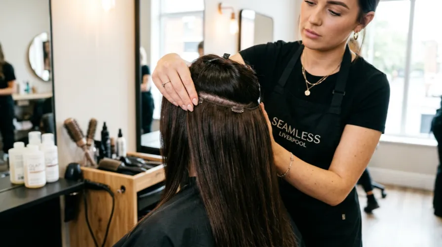Stylist matching seamless clip in hair extensions to client dark hair at Liverpool hair salon