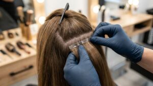 Stylist applying tape-in hair extension at Incredible Hair Beauty