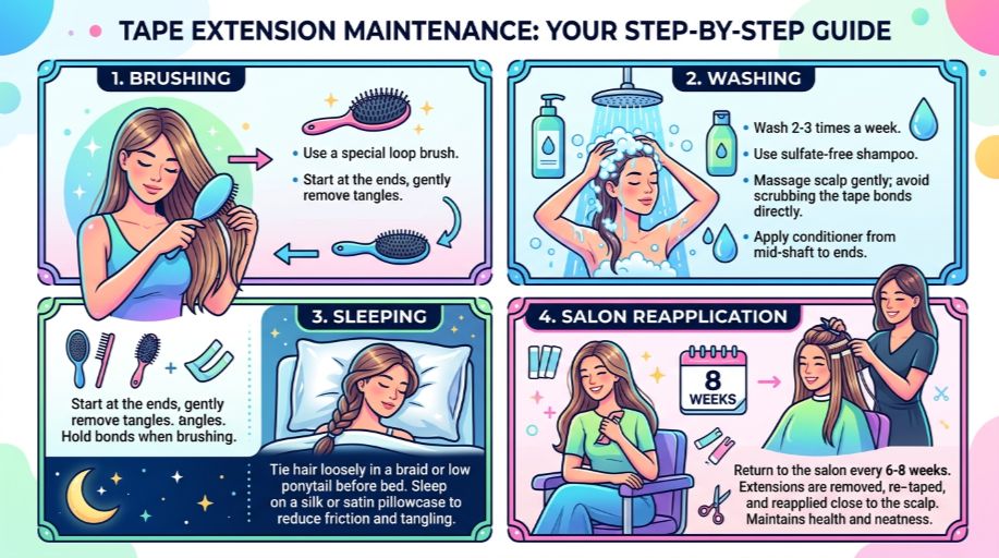 Tape-in hair extension maintenance steps demonstrated by a stylist