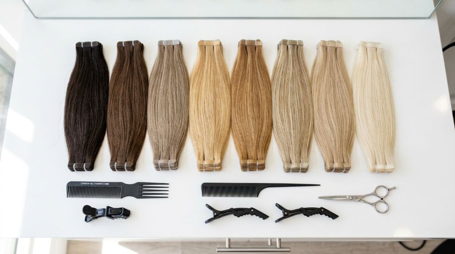 Tape-in hair extension wefts arranged for application
