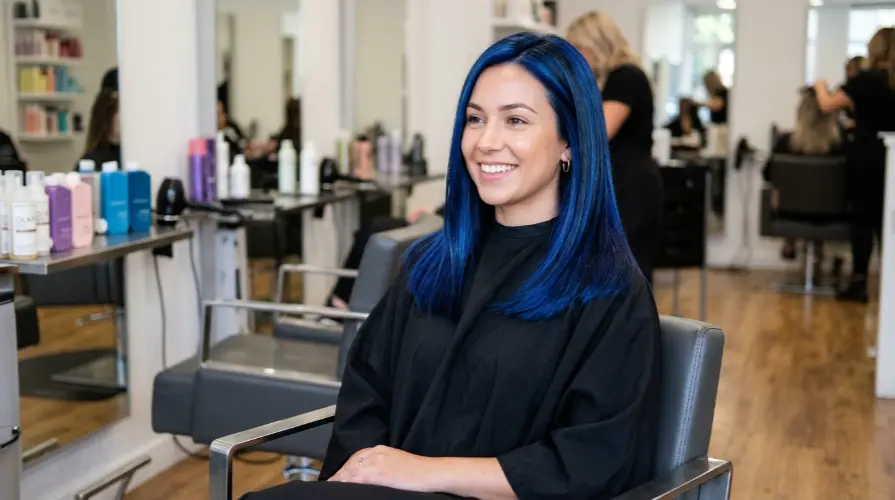 Vivid blue and black fantasy hair colour result created at Incredible Hair & Beauty salon in Western Sydney