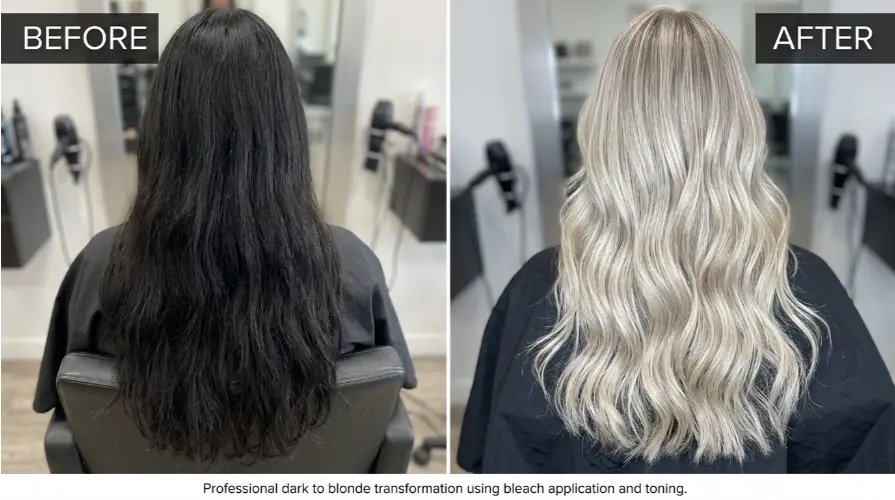 before and after dark to blonde transformation using professional bleach application on long dark hair