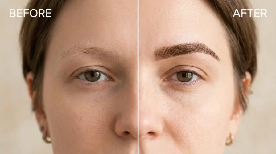 before and after eyebrow tint results on female client