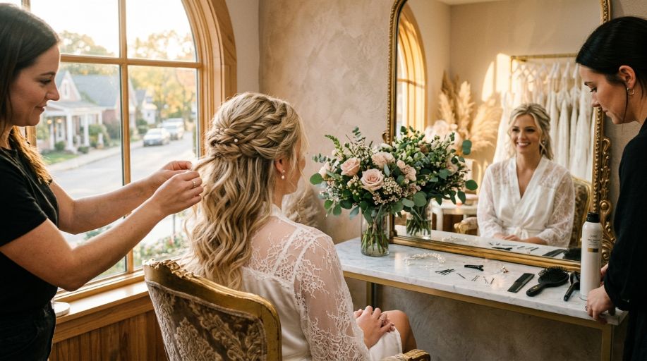 Bridal hair trial session at a professional beauty salon