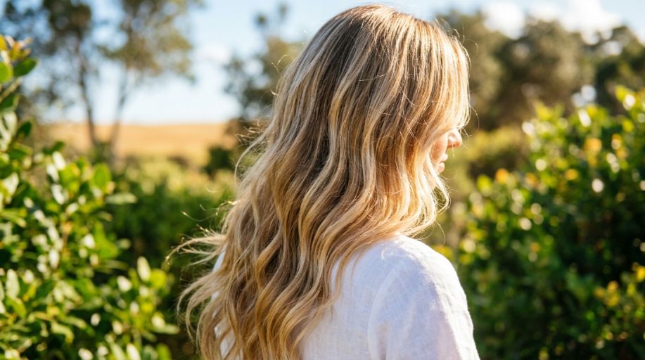 Close up detailed view demonstrating beautiful vibrant blonde balayage highlights shining brightly in natural daytime outdoor sunlight. (1)