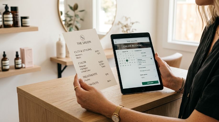 Comparing salon pricing and online booking options before choosing a hair salon