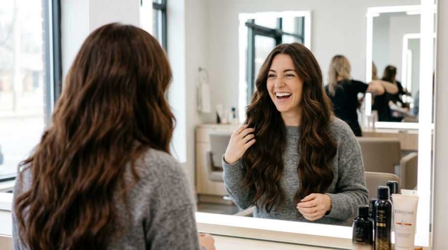Joyful excited female client smiling brightly while happily admiring her beautiful new long hair extensions perfectly indoors. (1)