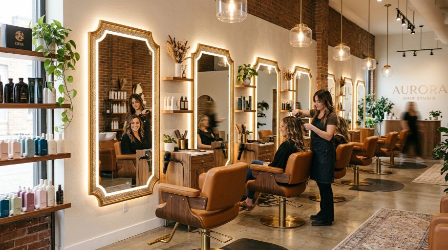 Modern brightly lit salon interior showing comfortable professional styling stations and luxurious large clear decorative mirrors. (1)