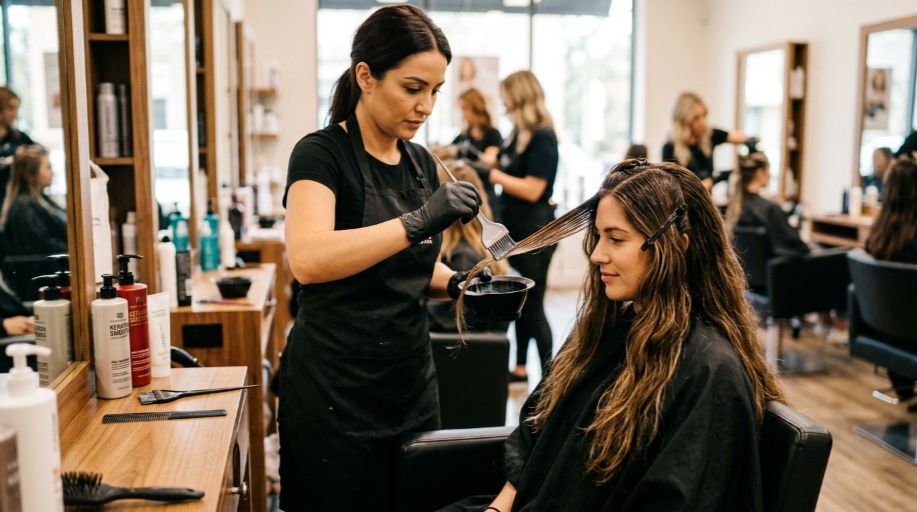 Professional expert salon stylist applying premium liquid smoothing treatment to a female clients long beautiful brown hair. (1)