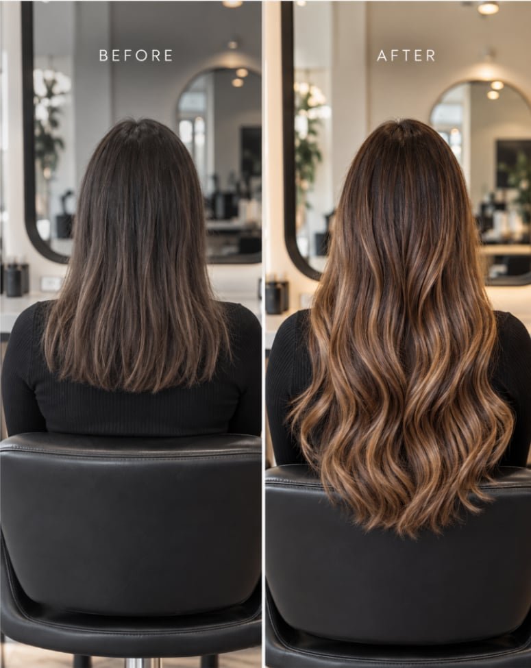 Before and after comparison from behind: shoulder-length hair transformed into long, voluminous tape-in hair extensions