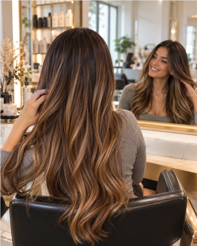 Woman with long, voluminous brunette hair with tape-in extensions smiling at her reflection in a salon mirror
