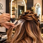 Hairstylist hand-painting balayage highlights onto a client hair at Incredible Hair Beauty salon
