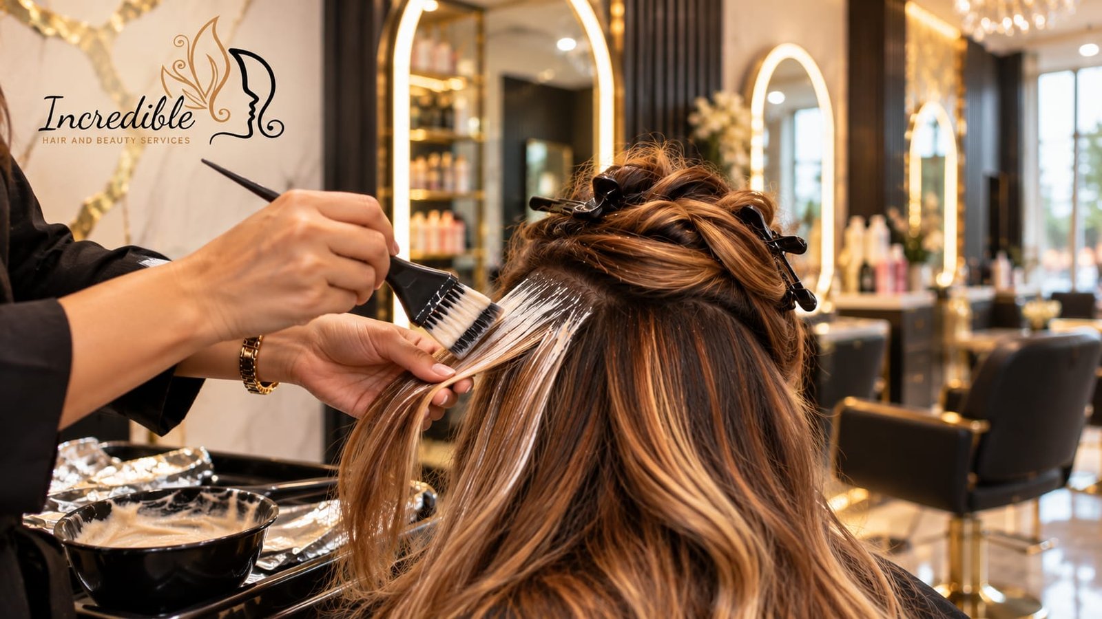 Hairstylist hand-painting balayage highlights onto a client's hair at Incredible Hair Beauty salon