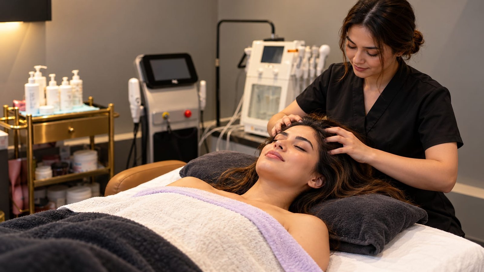 Massage therapist performing a relaxing head and scalp massage on a client at Incredible Hair Beauty salon