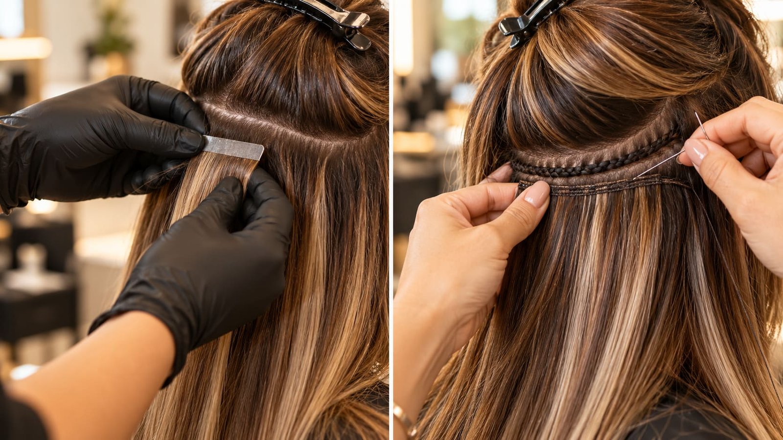 Split comparison of tape-in and sew-in weft hair extension application techniques at Incredible Hair Beauty salon